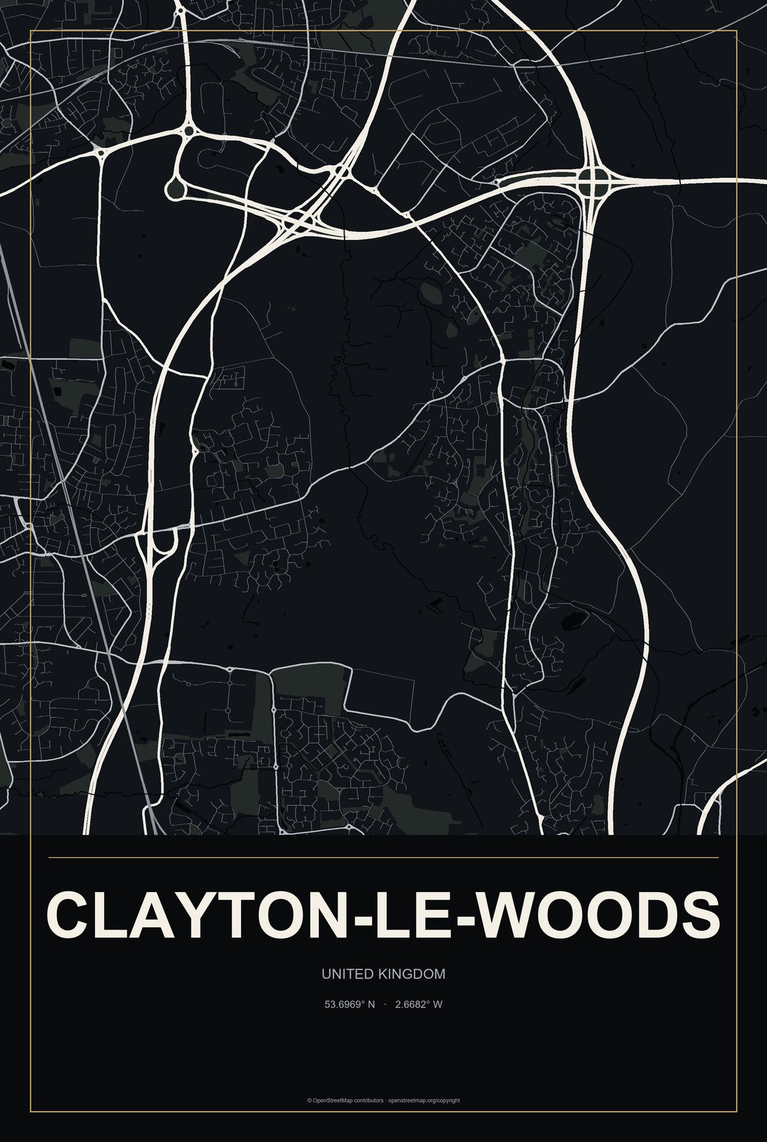 Clayton-le-Woods, United Kingdom City Map Aluminum Sign in Metropolitan Noir style