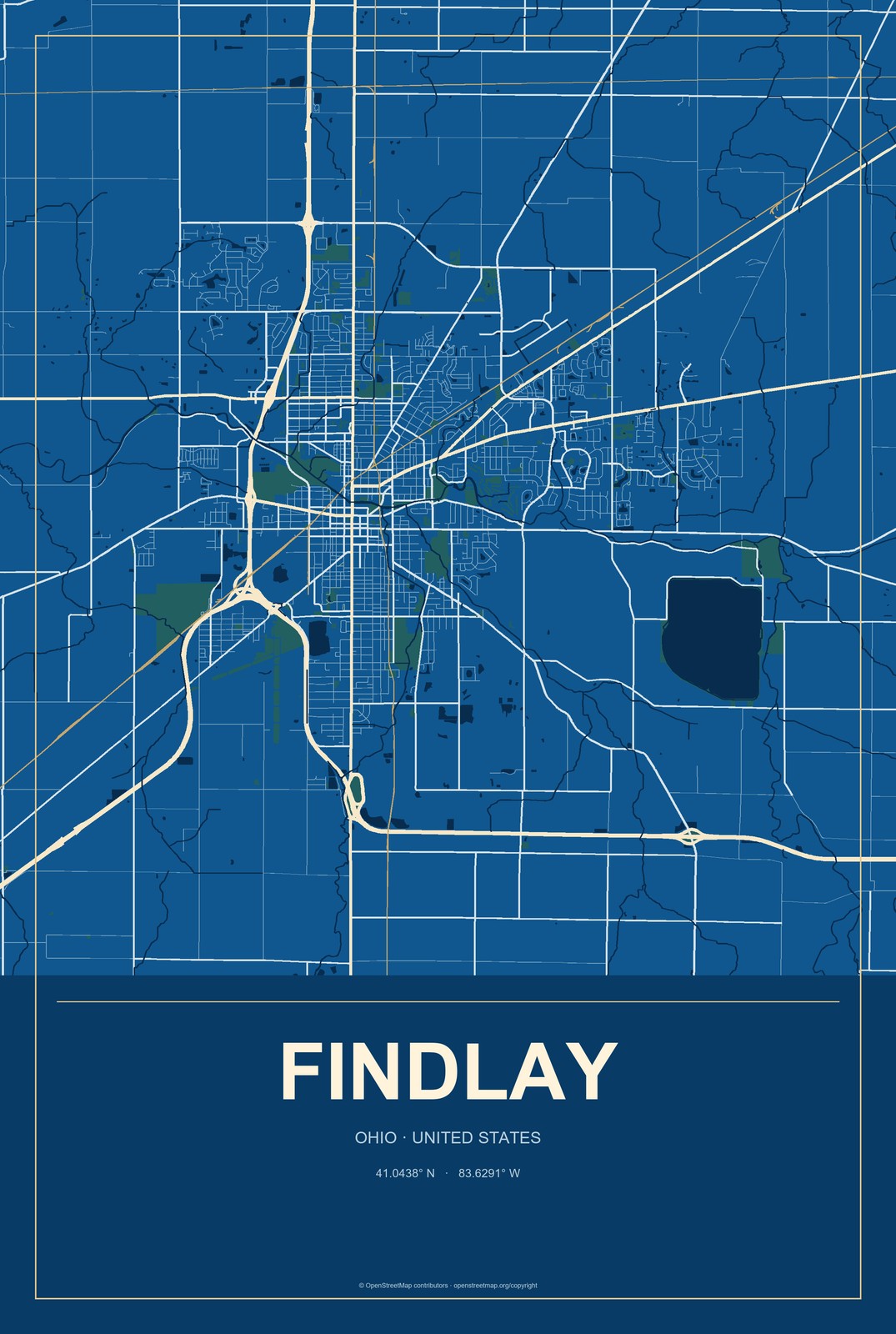 Findlay, Ohio City Map Aluminum Sign in Harbor Cobalt style