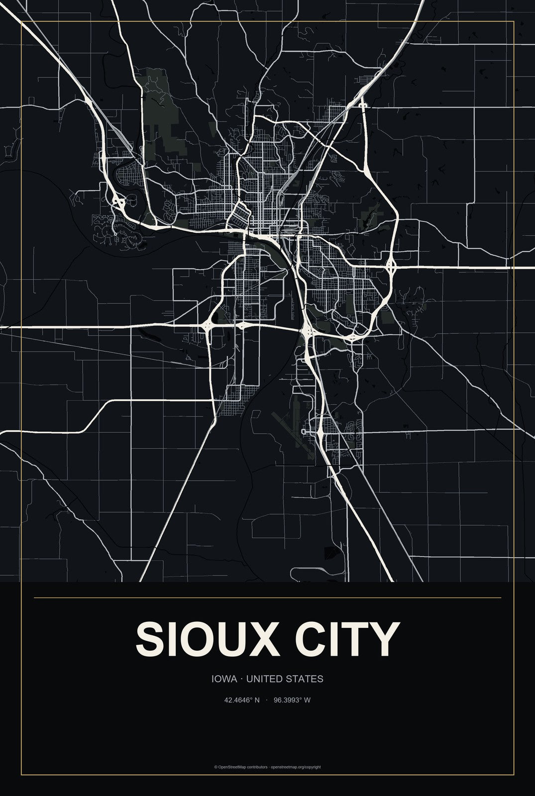 Sioux City, Iowa City Map Aluminum Sign in Metropolitan Noir style