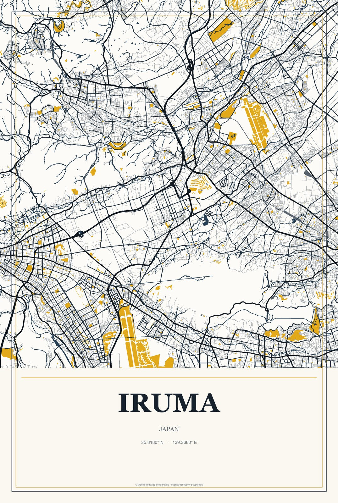 Iruma, Japan City Map Aluminum Sign in Citrine Modern style