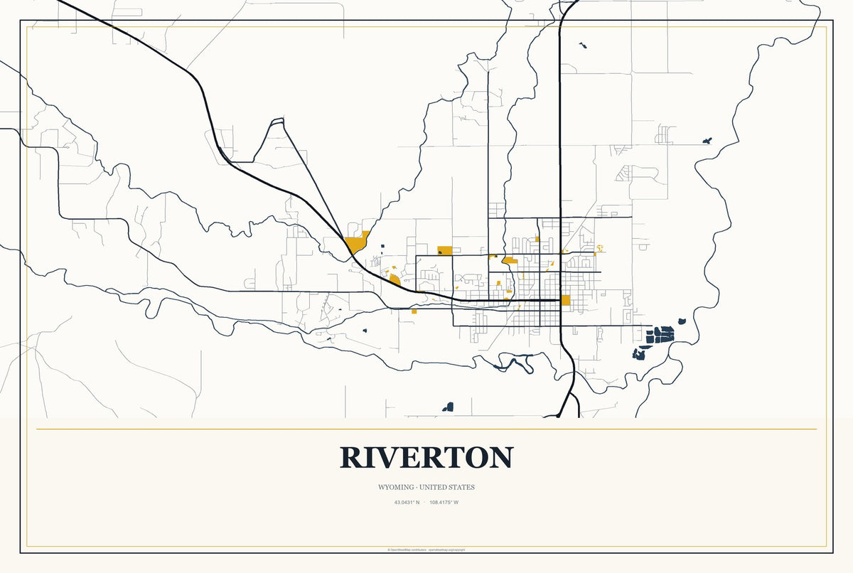 Riverton, Wyoming City Map Aluminum Sign in Citrine Modern style