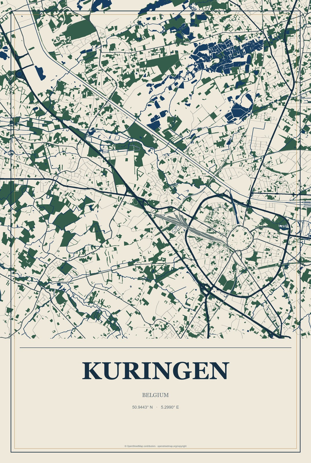 Kuringen, Belgium City Map Aluminum Sign in Coastal Cutout style