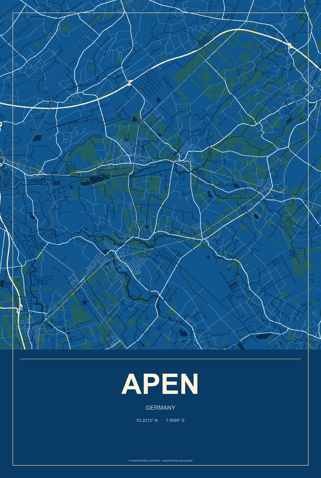 Apen, Germany City Map Aluminum Sign in Harbor Cobalt style