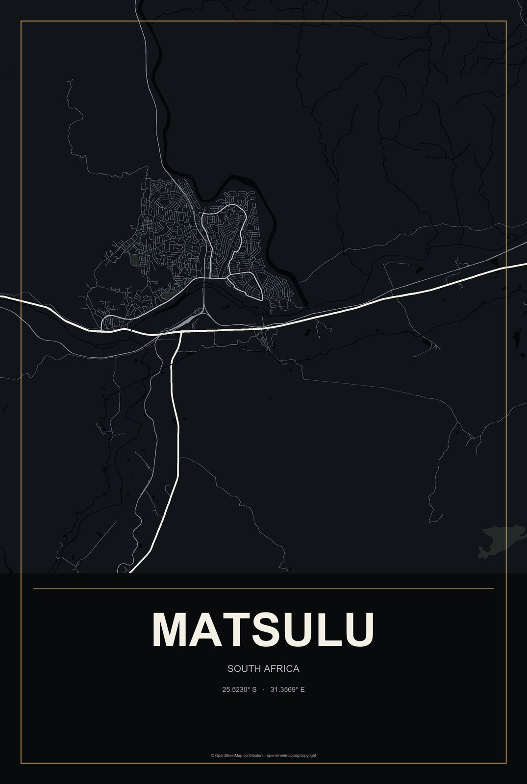 Matsulu, South Africa City Map Aluminum Sign in Metropolitan Noir style