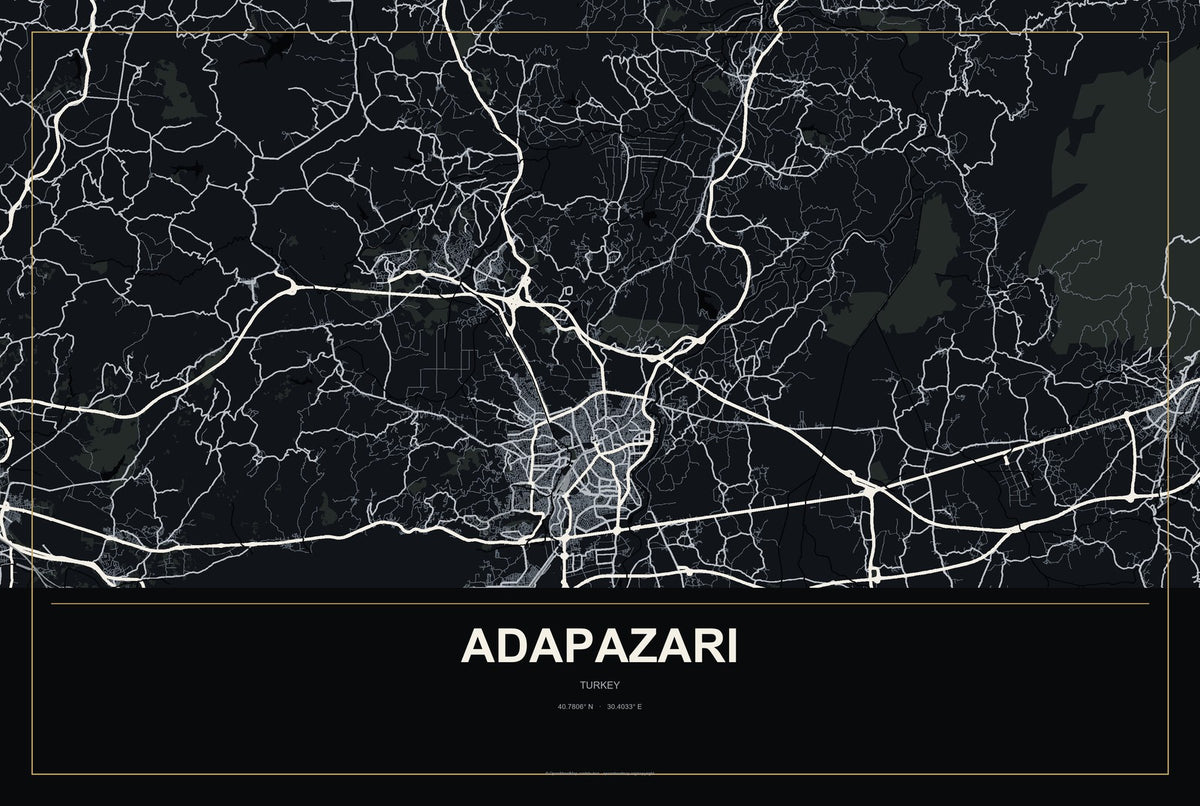 Adapazarı, Turkey City Map Aluminum Sign in Metropolitan Noir style
