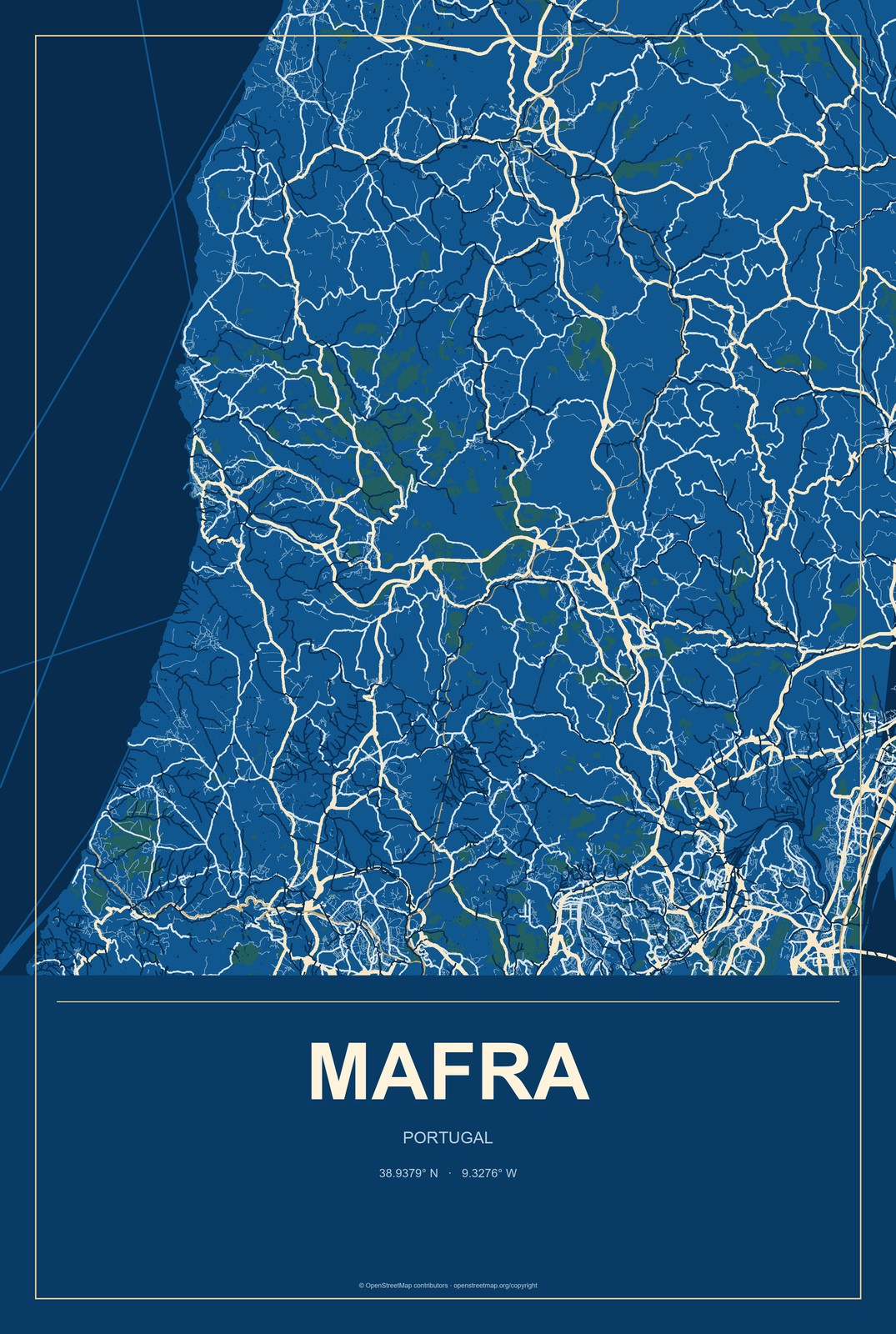 Mafra, Portugal City Map Aluminum Sign in Harbor Cobalt style