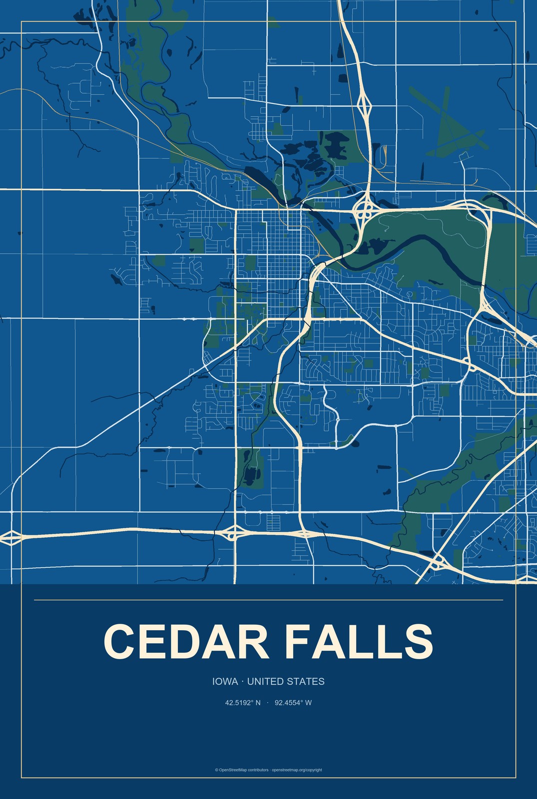 Cedar Falls, Iowa City Map Aluminum Sign in Harbor Cobalt style