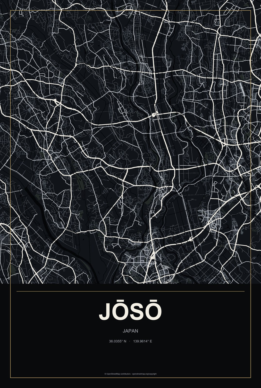 Jōsō, Japan City Map Aluminum Sign in Metropolitan Noir style