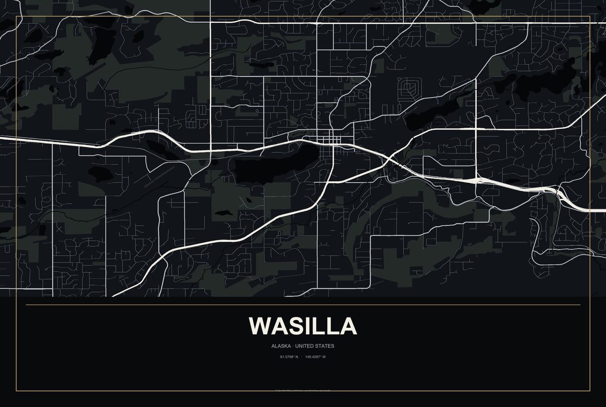 Wasilla, Alaska City Map Aluminum Sign in Metropolitan Noir style