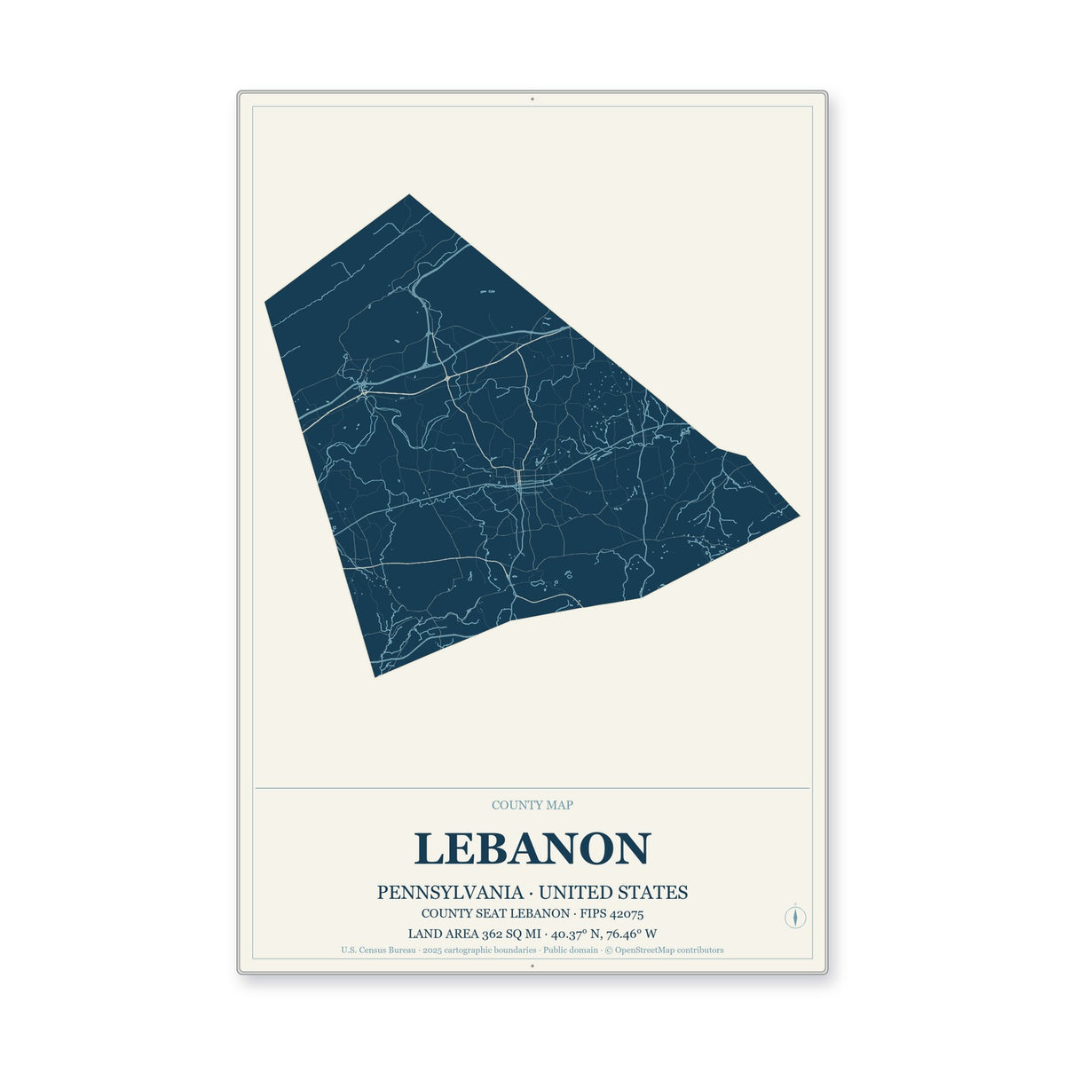 Lebanon County, Pennsylvania Map Aluminum Sign in Coastal Cutout style