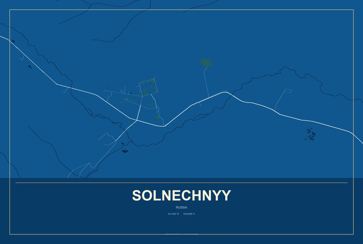 Solnechnyy, Russia City Map Aluminum Sign in Harbor Cobalt style
