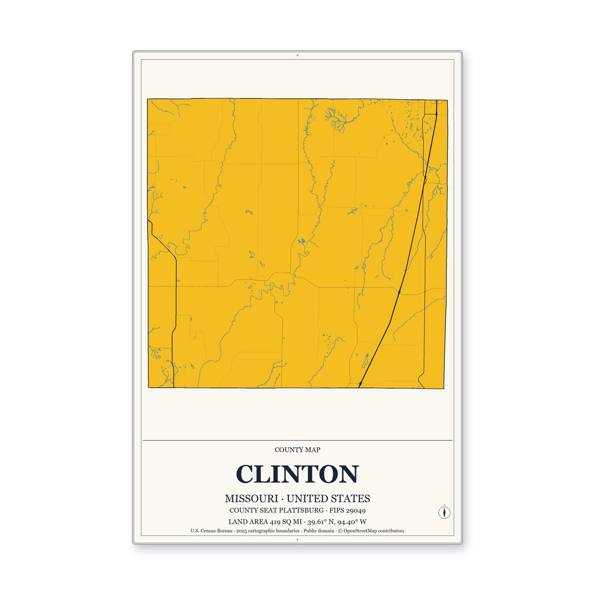 Clinton County, Missouri Map Aluminum Sign in Citrine Modern style