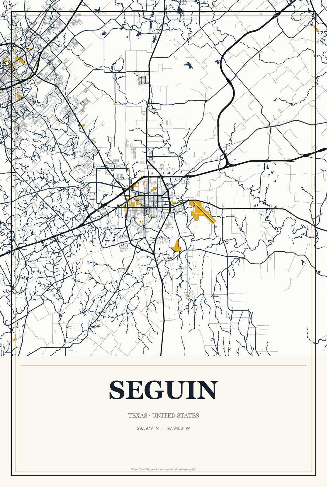 Seguin, Texas City Map Aluminum Sign in Citrine Modern style