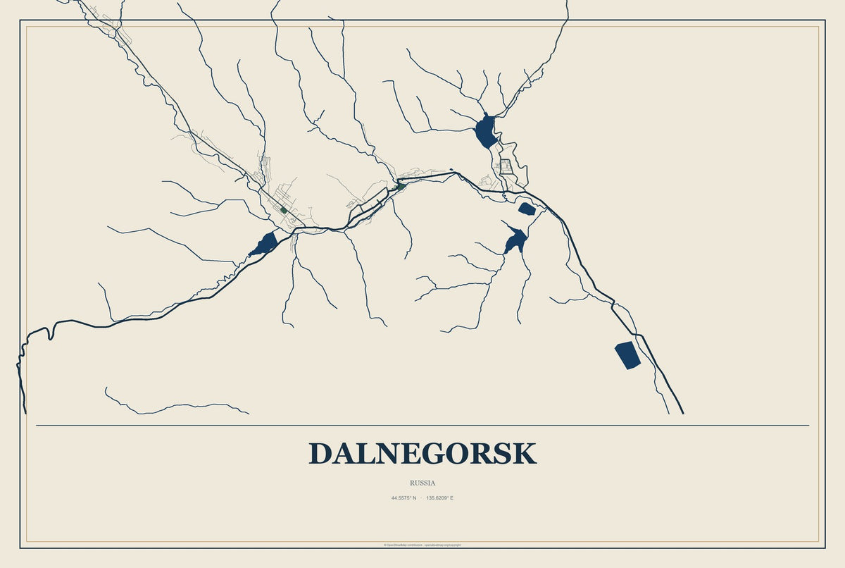 Dalnegorsk, Russia City Map Aluminum Sign in Coastal Cutout style