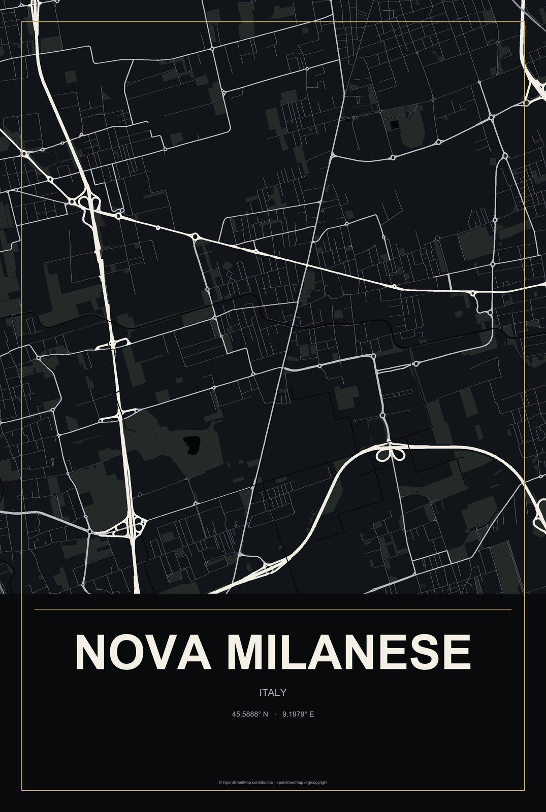 Nova Milanese, Italy City Map Aluminum Sign in Metropolitan Noir style