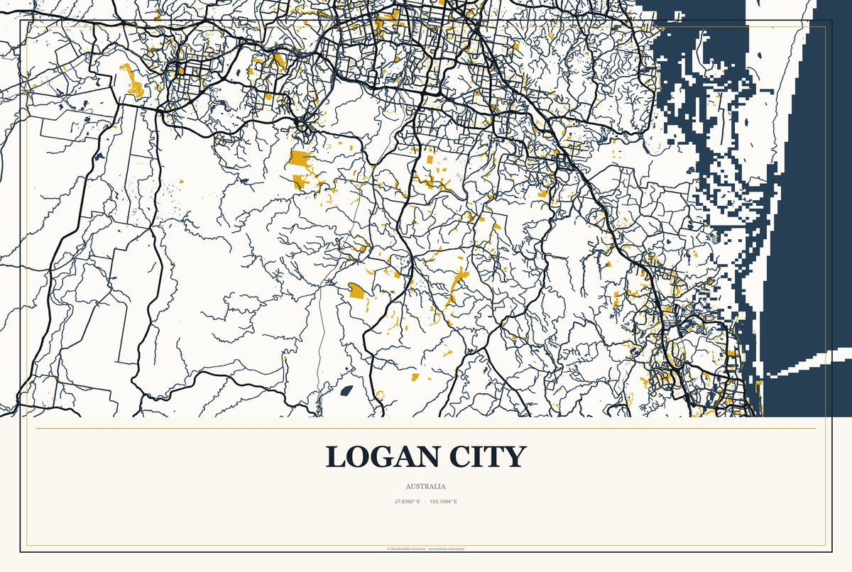 Logan City, Australia City Map Aluminum Sign in Citrine Modern style