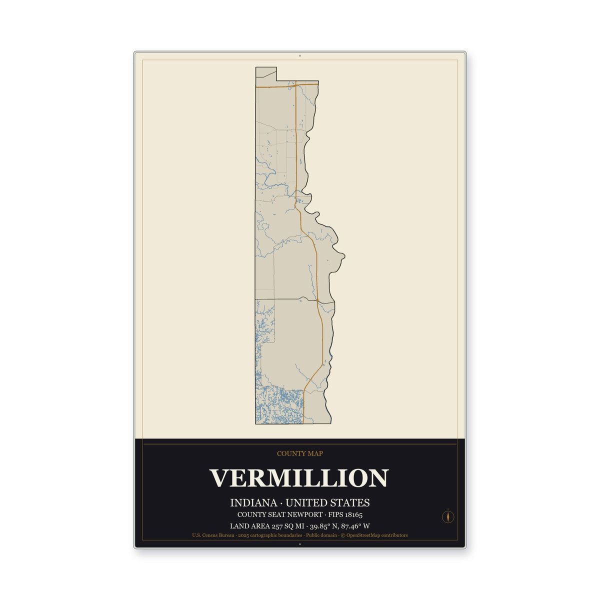 Vermillion County, Indiana Map Aluminum Sign in Museum Plaque style