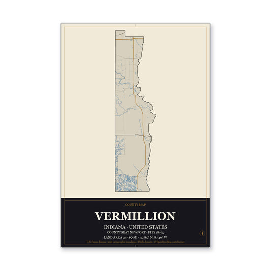 Vermillion County, Indiana Map Aluminum Sign in Museum Plaque style