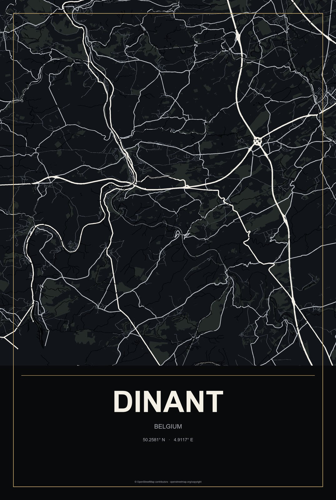 Dinant, Belgium City Map Aluminum Sign in Metropolitan Noir style