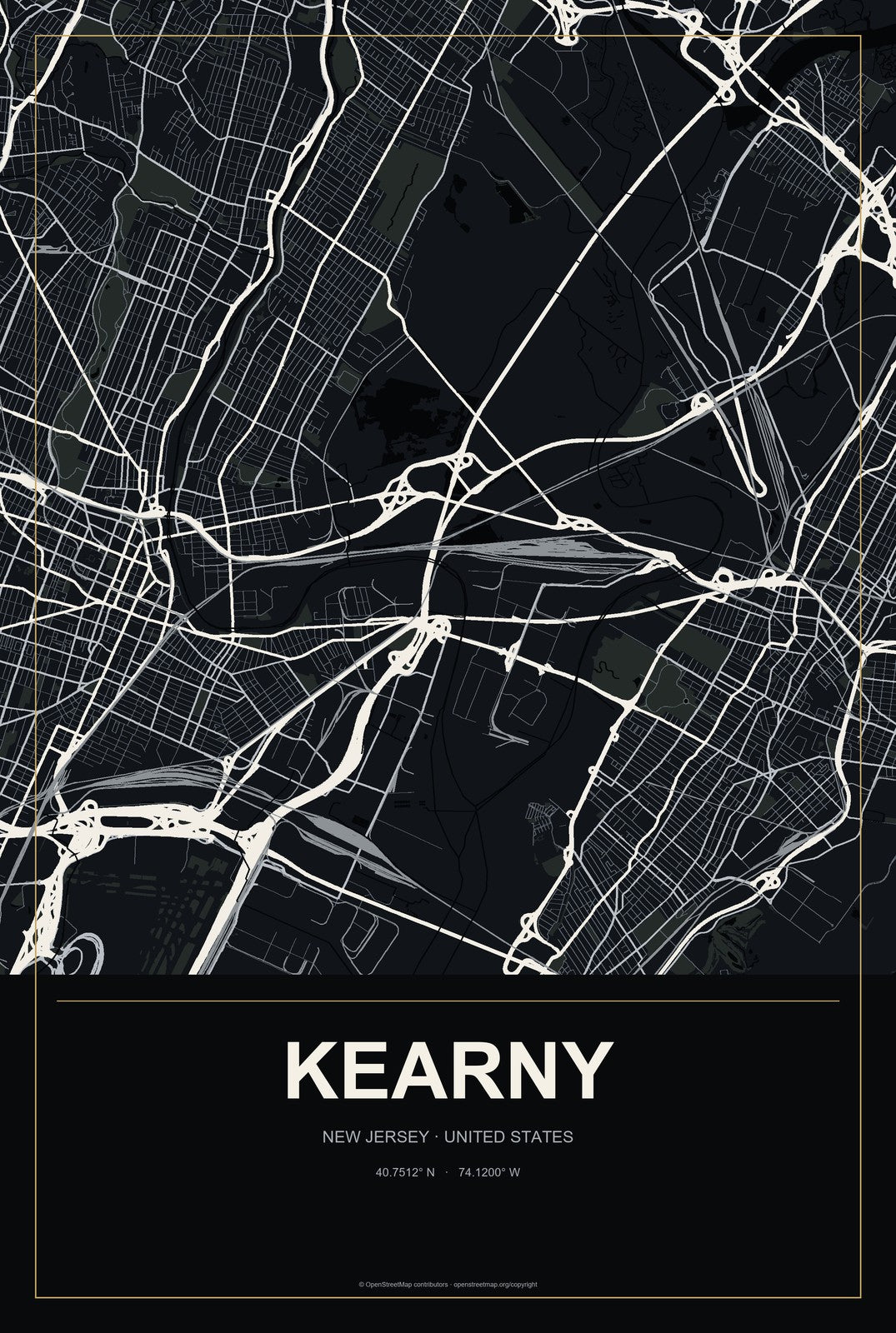 Kearny, New Jersey City Map Aluminum Sign in Metropolitan Noir style