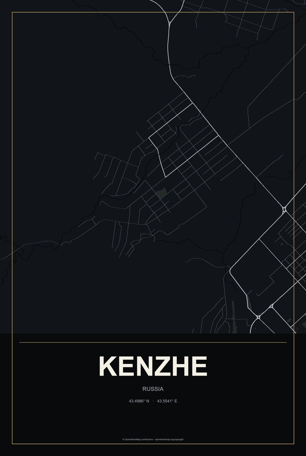 Kenzhe, Russia City Map Aluminum Sign in Metropolitan Noir style