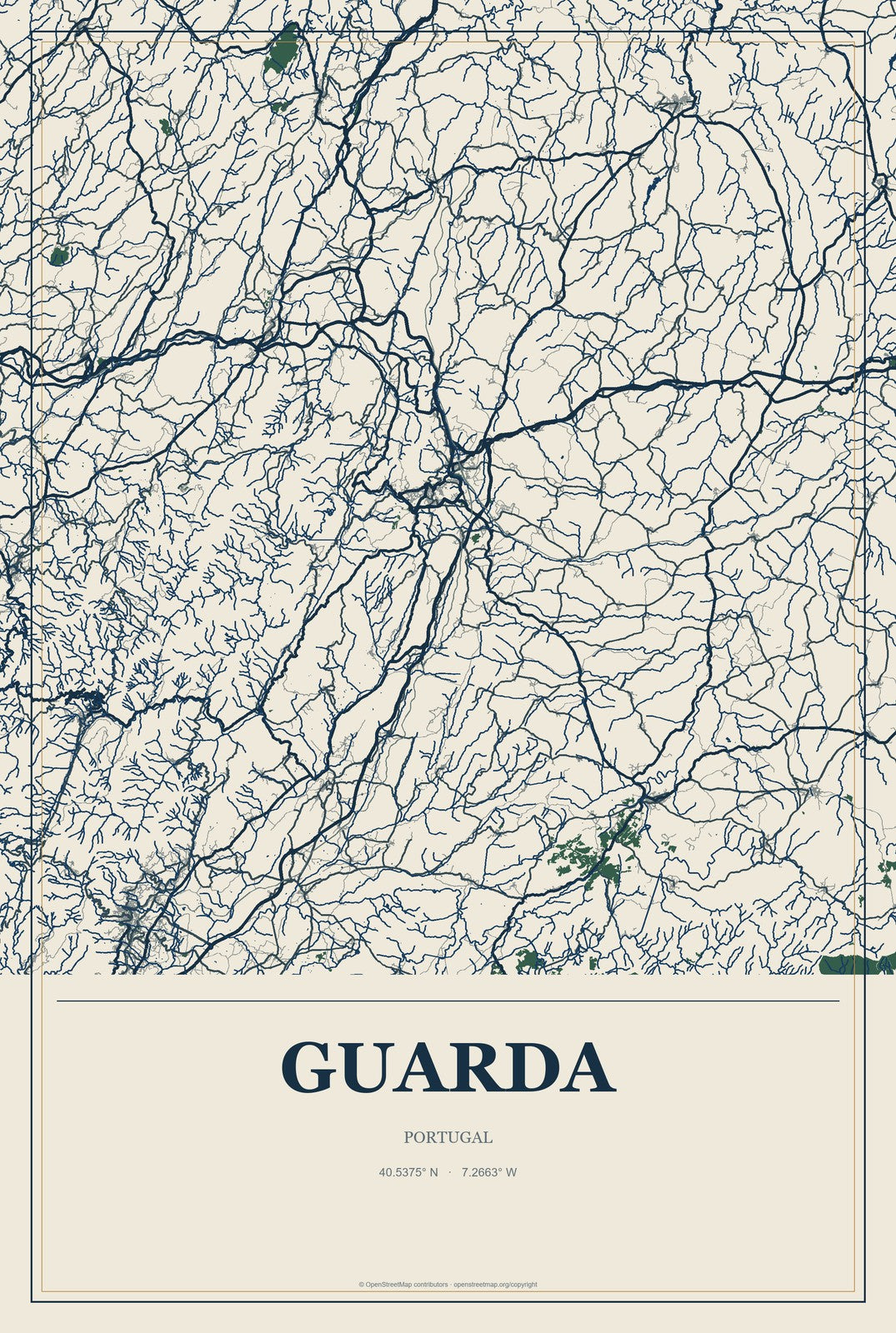 Guarda, Portugal City Map Aluminum Sign in Coastal Cutout style