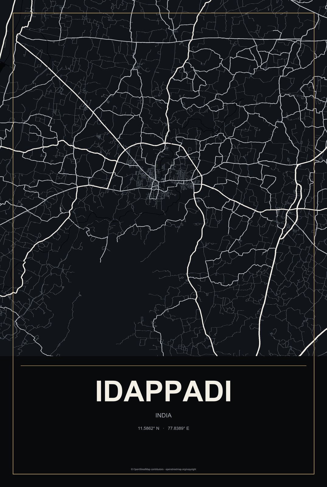 Idappadi, India City Map Aluminum Sign in Metropolitan Noir style
