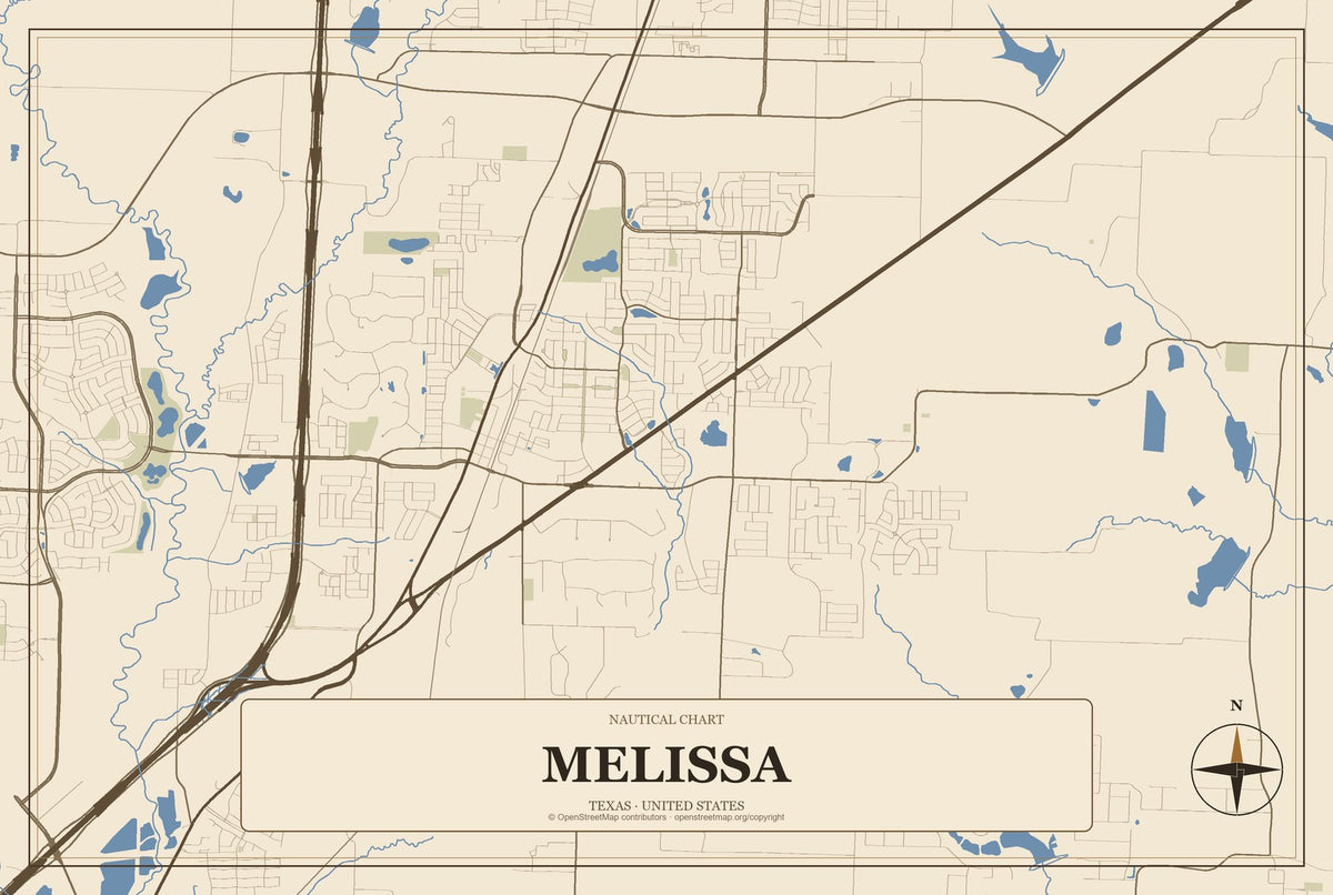 Melissa, Texas City Map Aluminum Sign in Heritage Nautical style