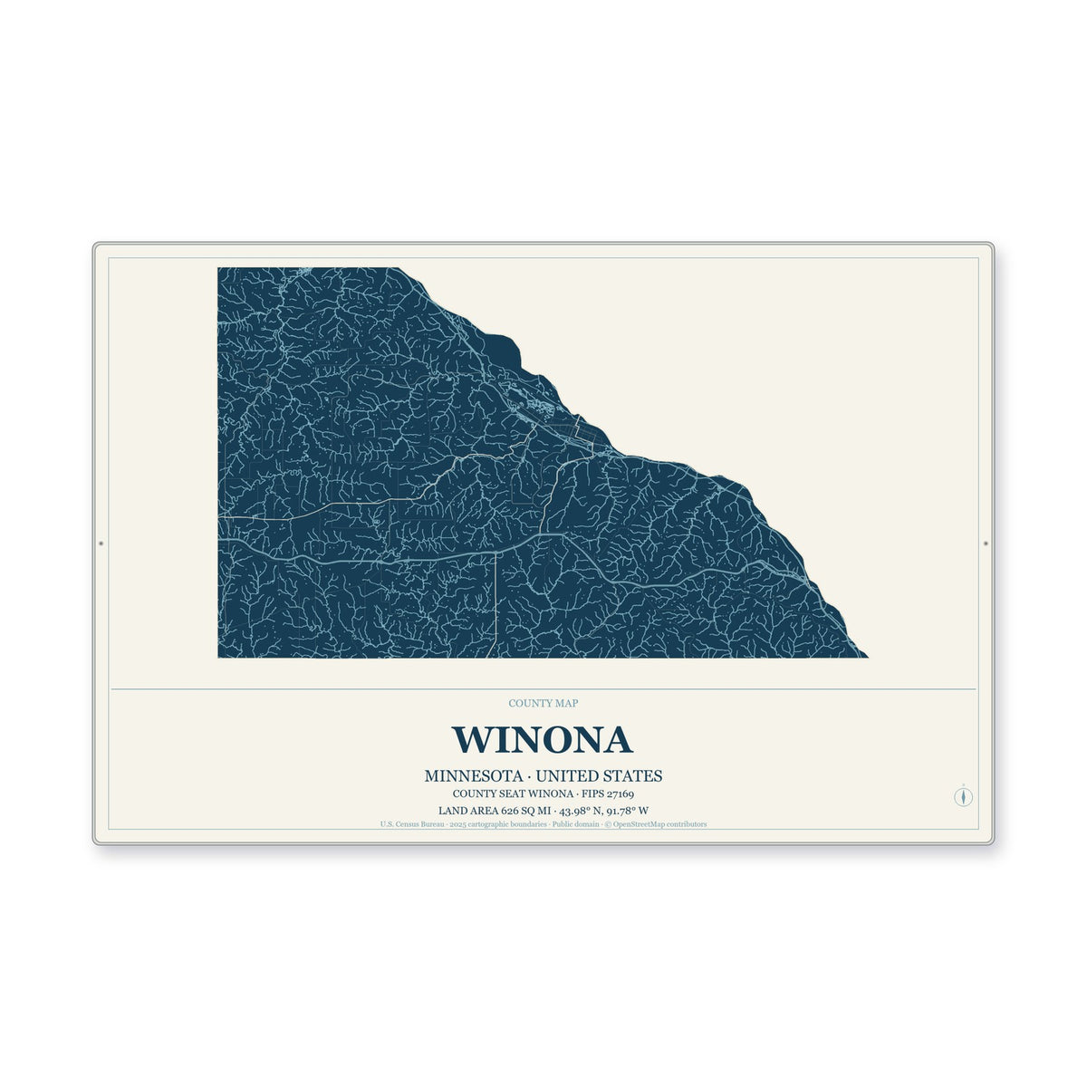 Winona County, Minnesota Map Aluminum Sign in Coastal Cutout style