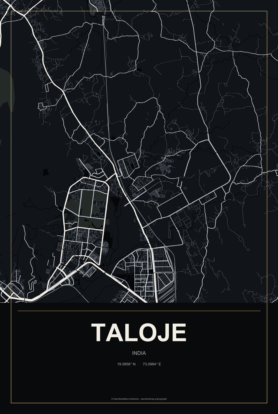 Taloje, India City Map Aluminum Sign in Metropolitan Noir style