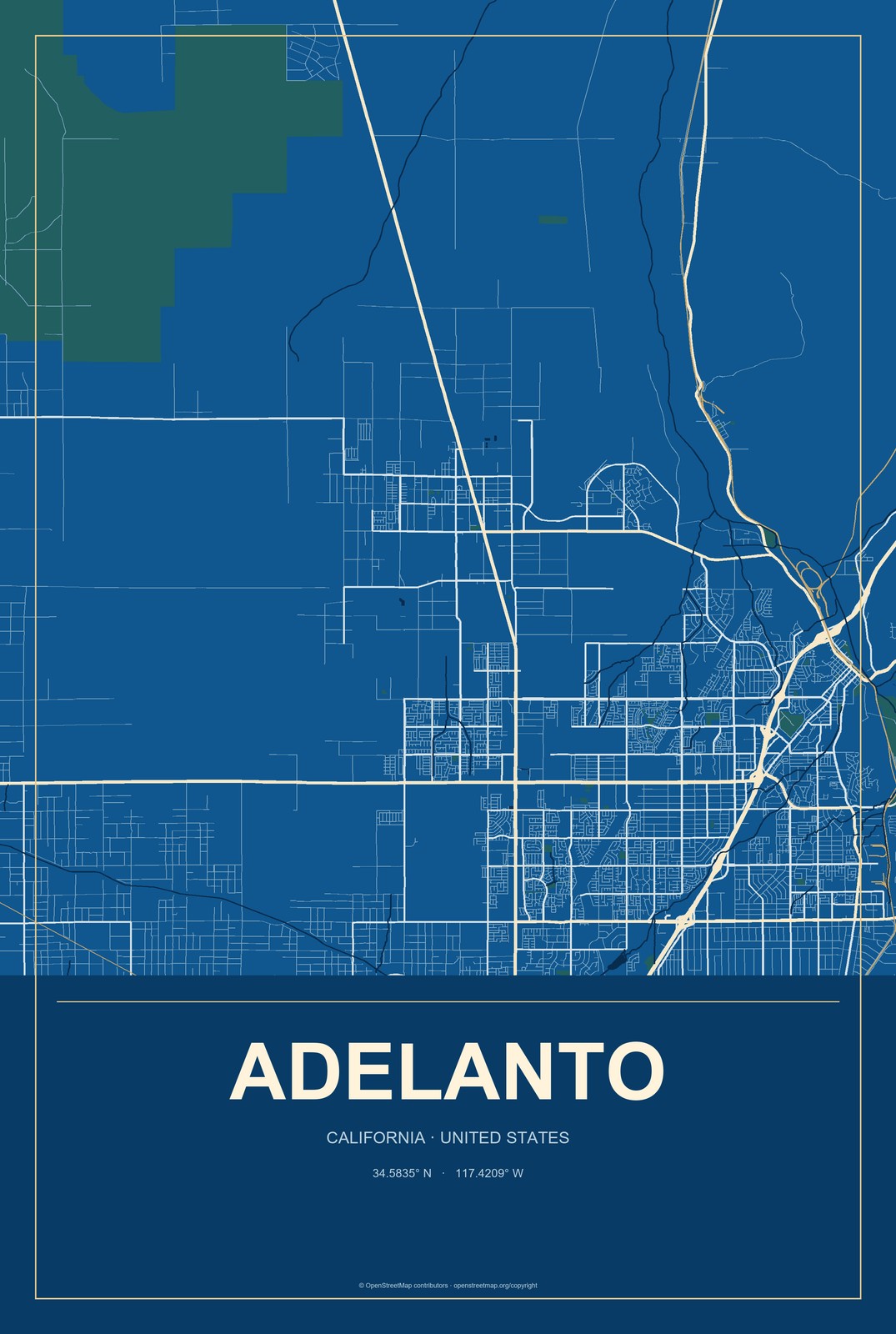 Adelanto, California City Map Aluminum Sign in Harbor Cobalt style