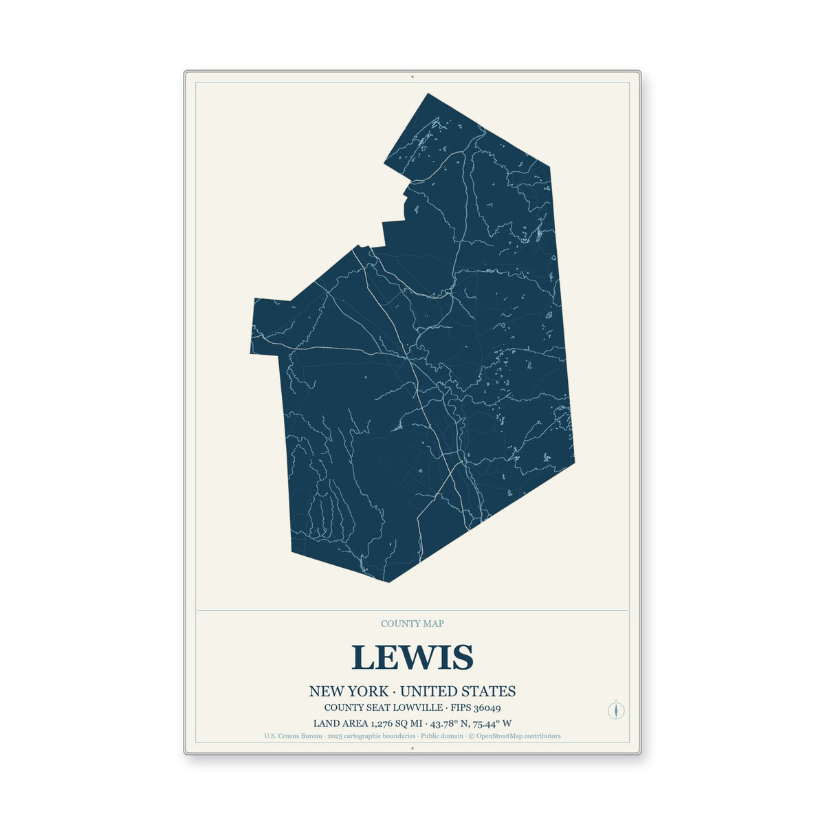 Lewis County, New York Map Aluminum Sign in Coastal Cutout style