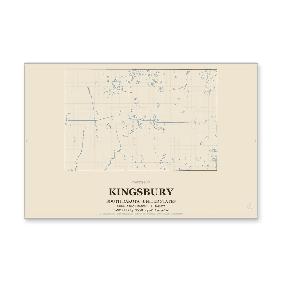 Kingsbury County, South Dakota Map Aluminum Sign in Heritage Nautical style