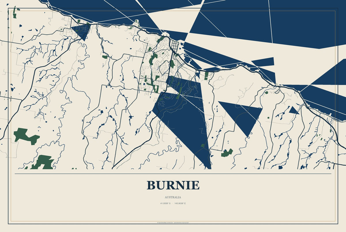 Burnie, Australia City Map Aluminum Sign in Coastal Cutout style