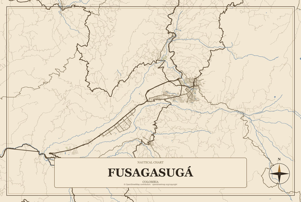 Fusagasugá, Colombia City Map Aluminum Sign in Heritage Nautical style