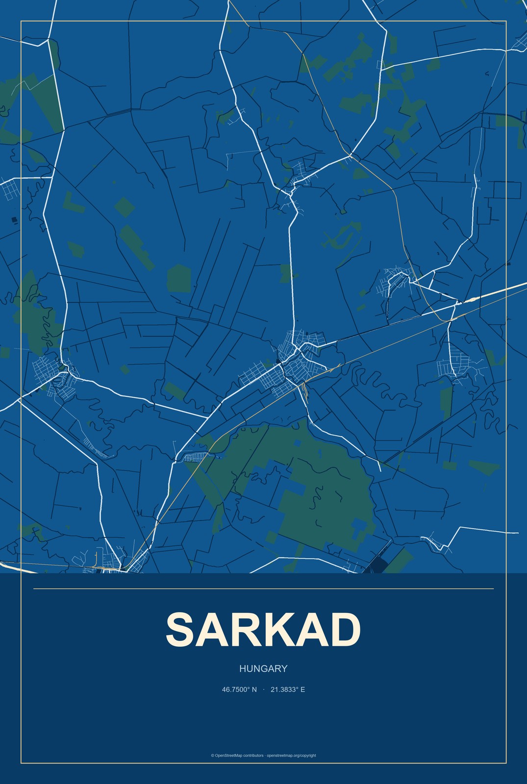 Sarkad, Hungary City Map Aluminum Sign in Harbor Cobalt style