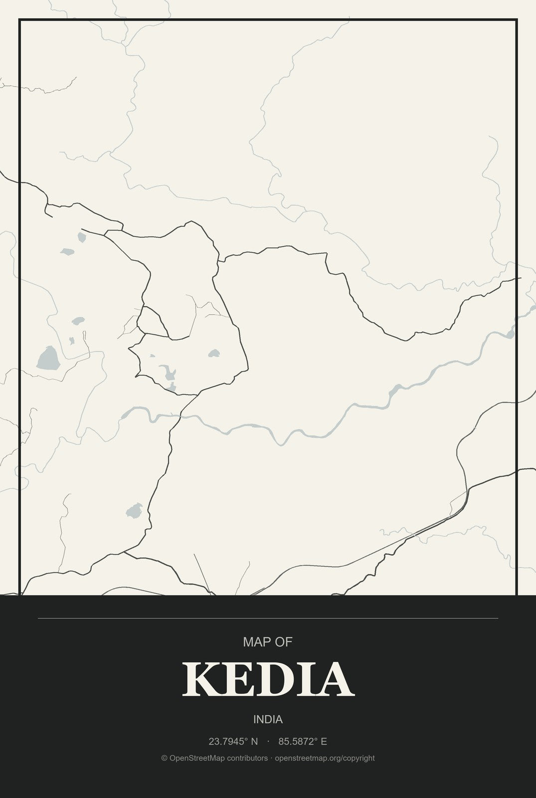 Kedia, India City Map Aluminum Sign in Museum Plaque style