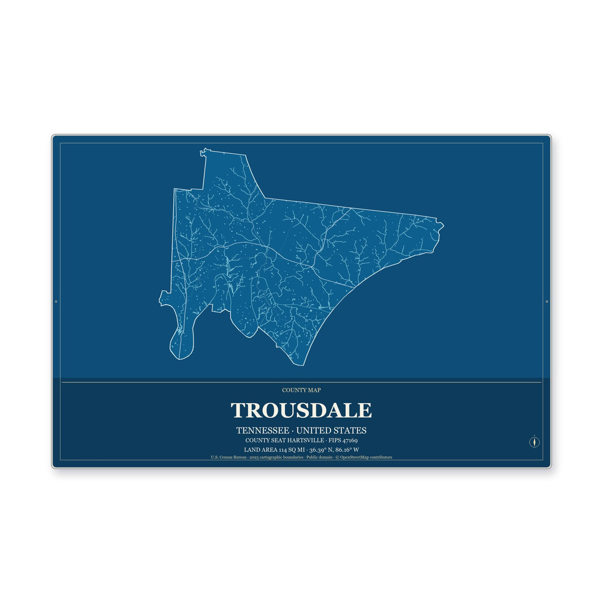 Trousdale County, Tennessee Map Aluminum Sign in Harbor Cobalt style