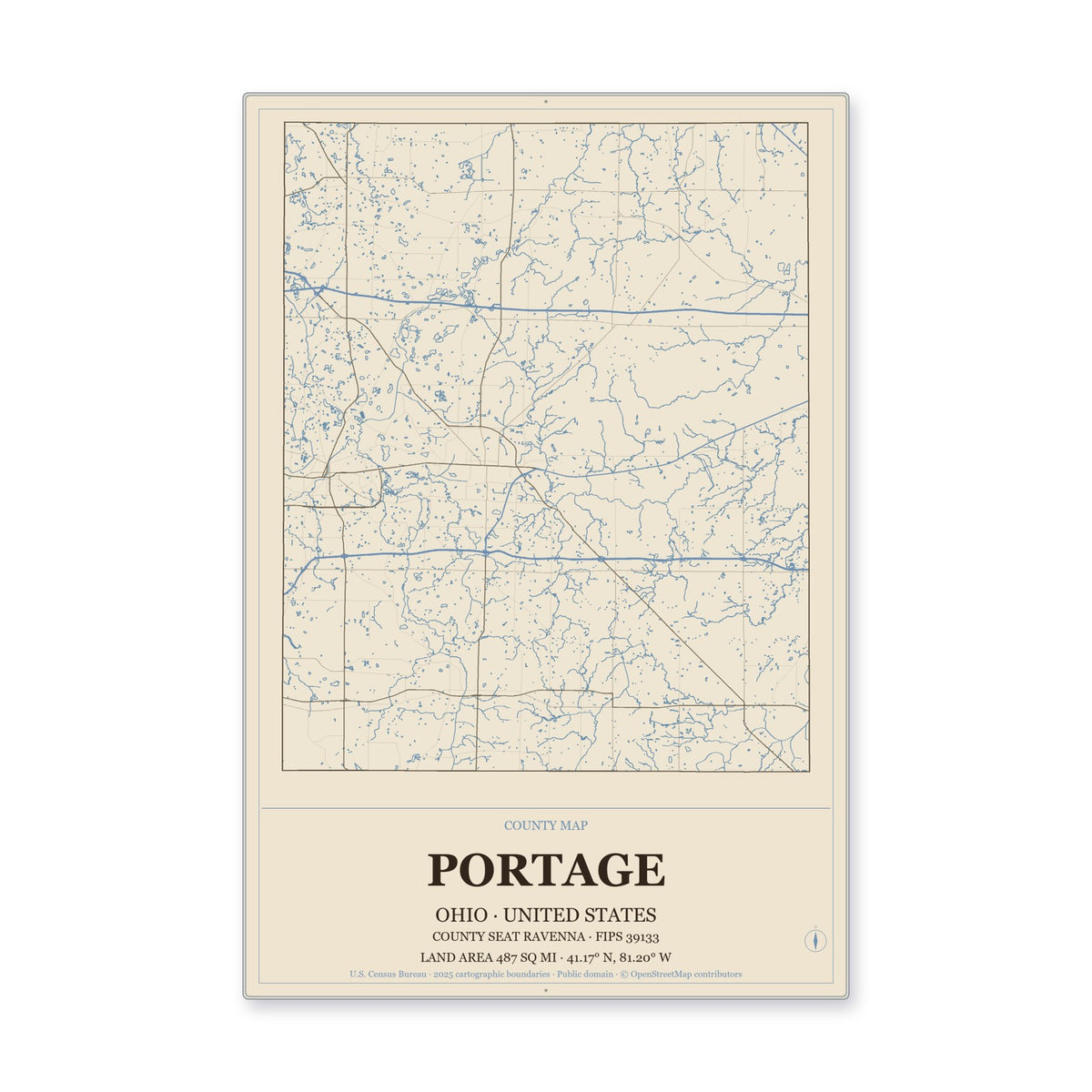 Portage County, Ohio Map Aluminum Sign in Heritage Nautical style