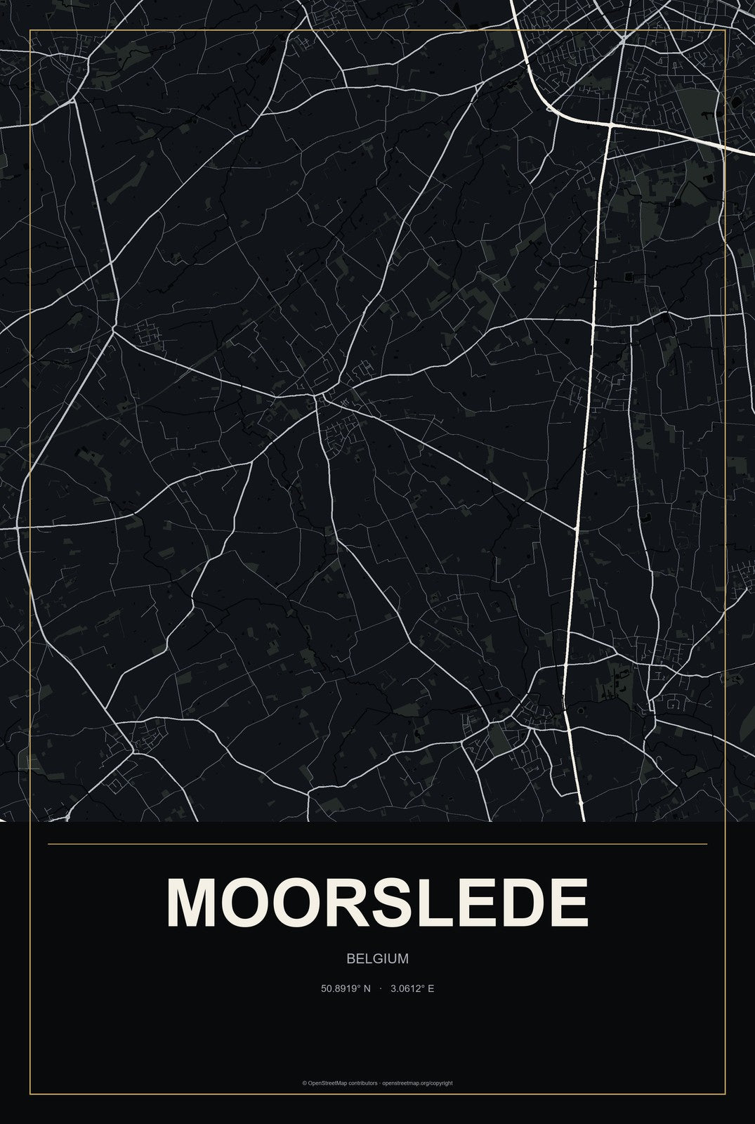 Moorslede, Belgium City Map Aluminum Sign in Metropolitan Noir style