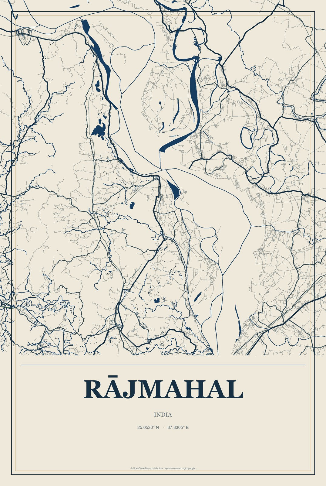 Rājmahal, India City Map Aluminum Sign in Coastal Cutout style