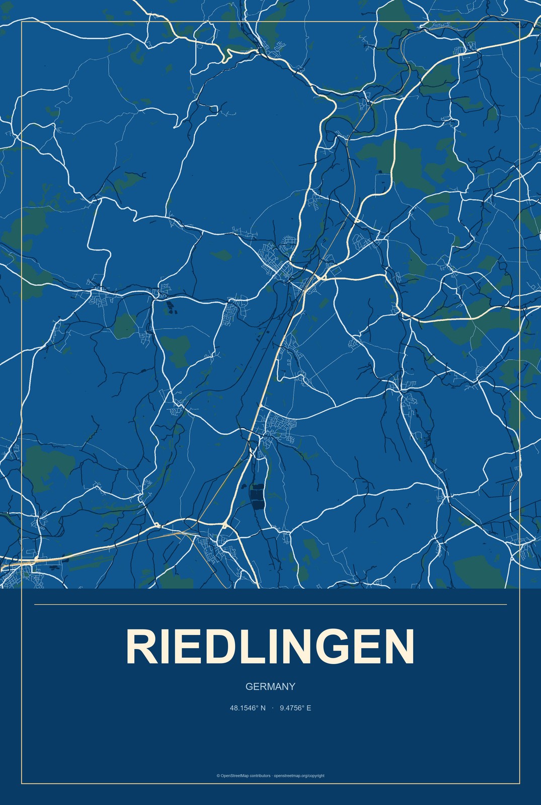 Riedlingen, Germany City Map Aluminum Sign in Harbor Cobalt style