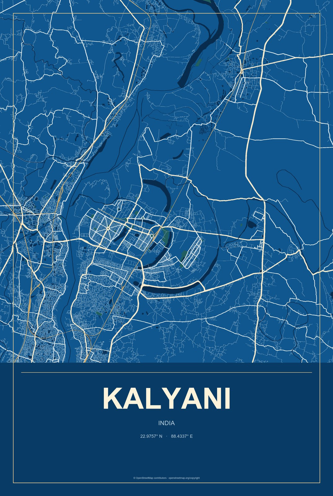 Kalyani, India City Map Aluminum Sign in Harbor Cobalt style