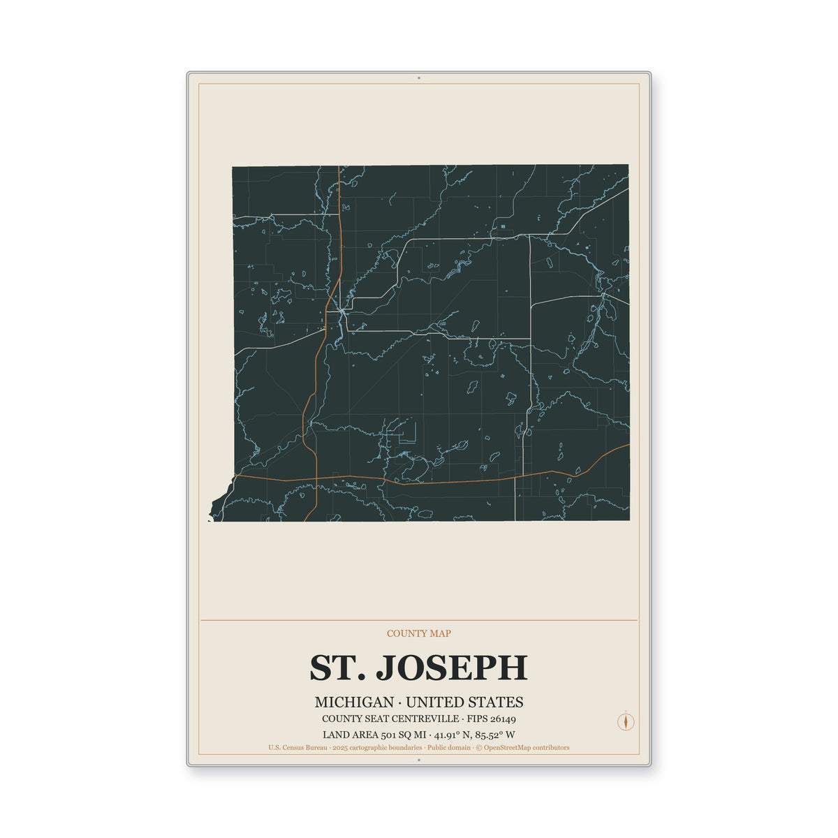 St. Joseph County, Michigan Map Aluminum Sign in Headline Atlas style