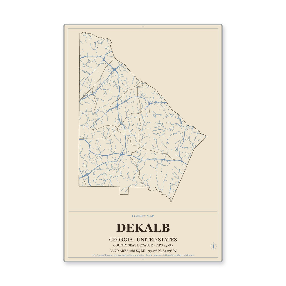 DeKalb County, Georgia Map Aluminum Sign in Heritage Nautical style