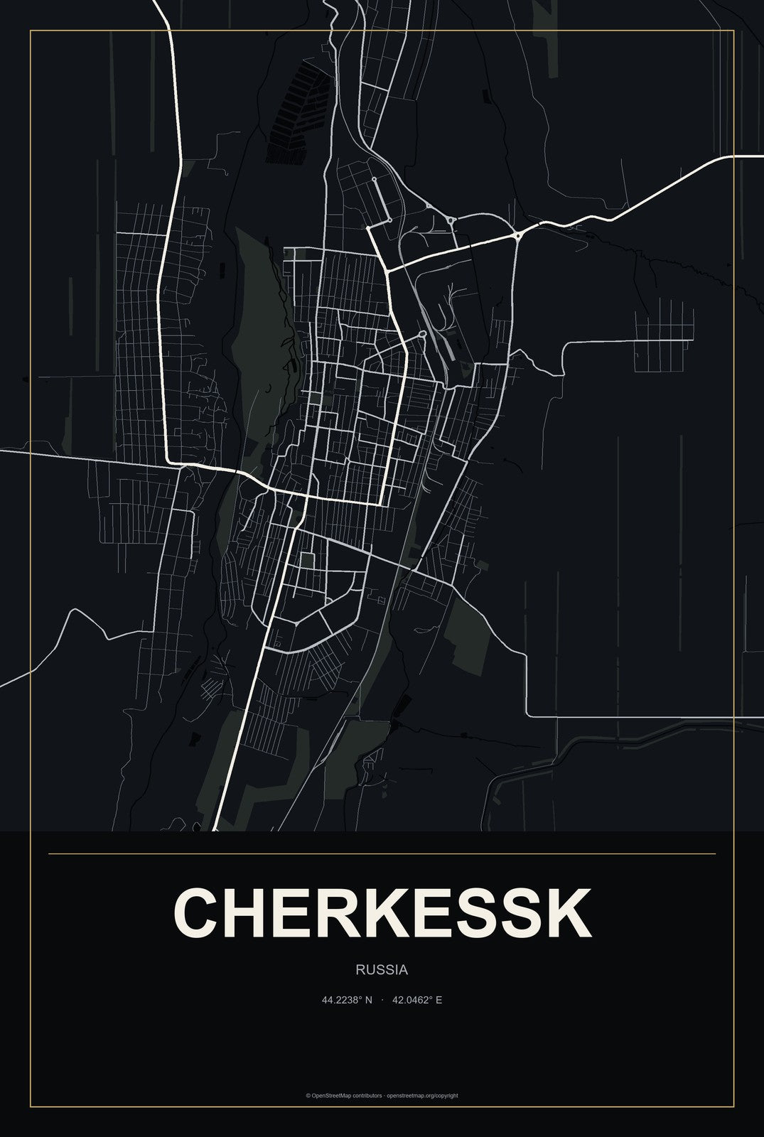 Cherkessk, Russia City Map Aluminum Sign in Metropolitan Noir style