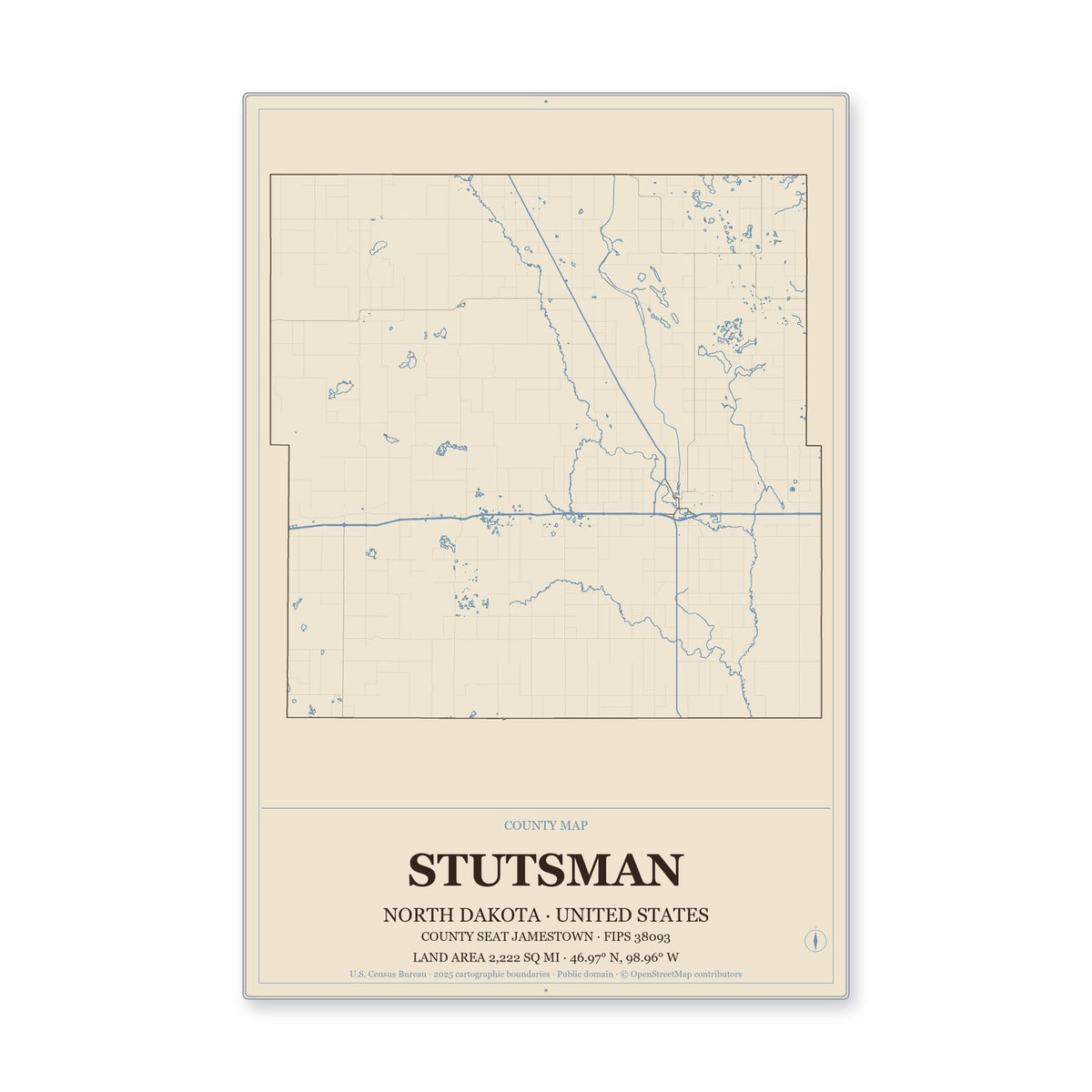 Stutsman County, North Dakota Map Aluminum Sign in Heritage Nautical style