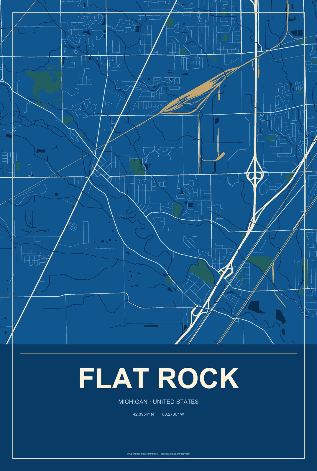 Flat Rock, Michigan City Map Aluminum Sign in Harbor Cobalt style