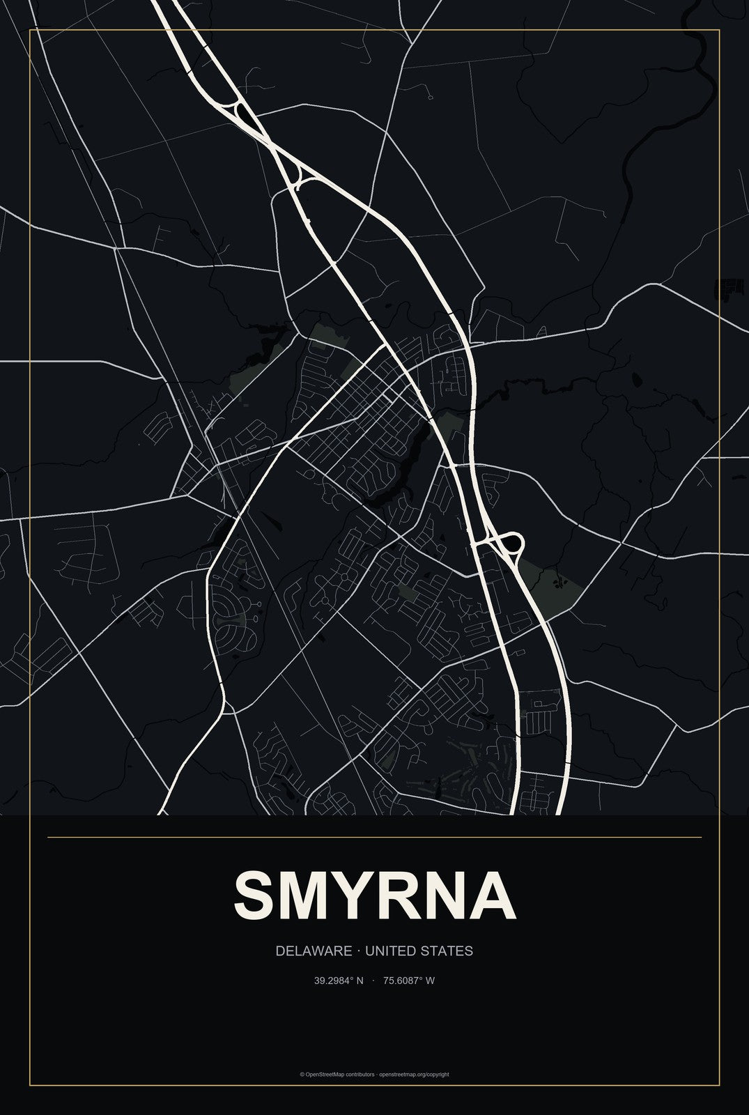 Smyrna, Delaware City Map Aluminum Sign in Metropolitan Noir style