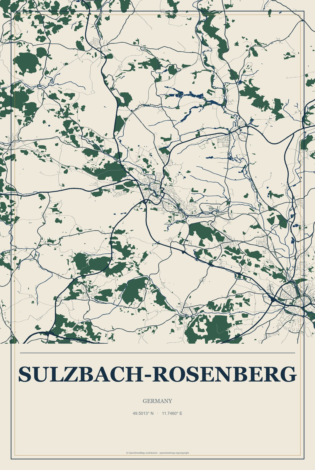 Sulzbach-Rosenberg, Germany City Map Aluminum Sign in Coastal Cutout style